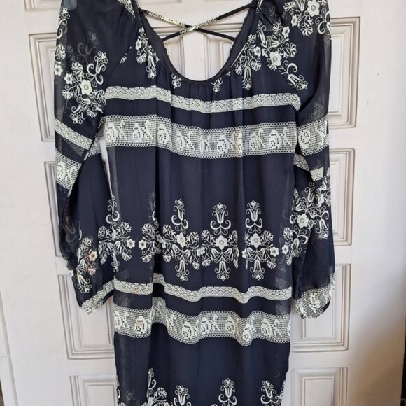 Millibon Dress Elastic Waist Black Geometric SzM Long Sleeves Cross Back Lined - Picture 2 of 12